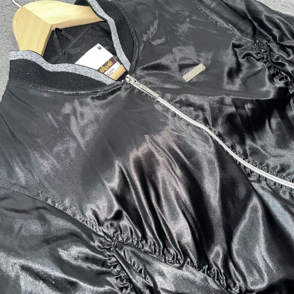 Southpole Women M Cropped Bomber Jacket Black Ruched Satin Y2K Gorpcore Tech - Picture 10 of 16